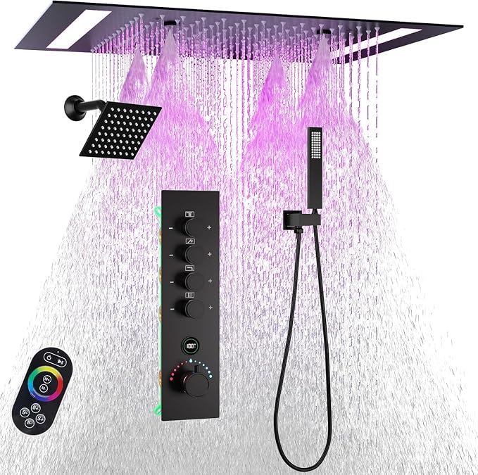 Luxury 20x14in LED Rainfall Mist Dual Shower System Can Run Togther | 4-way Thermostatic Digital Display Brass Valve, Ceiling Flush Mount Showerhead and 6in Tilt Shower, Brass Handheld, Black