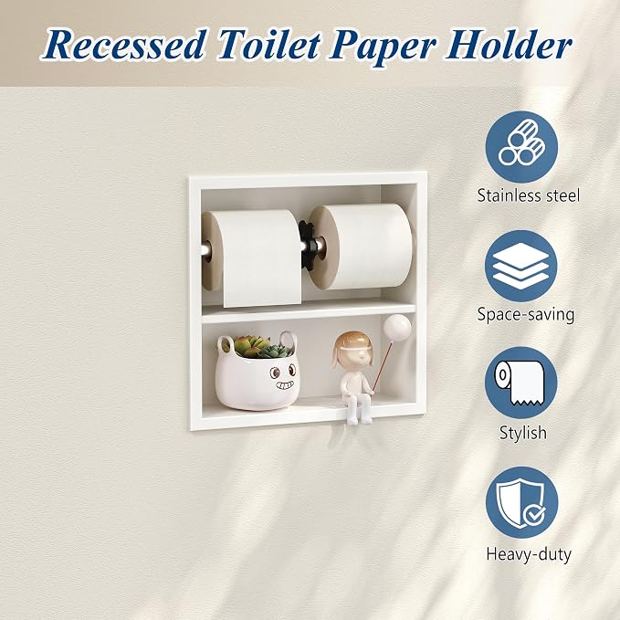 Neodrain White Recessed Toilet Paper Holder,Double Layer Wet Tissue Holder | Space-Saving Wall Niche Cabinet Storage, Rustproof & Durable,For Bathroom, Kitchen & Vanity