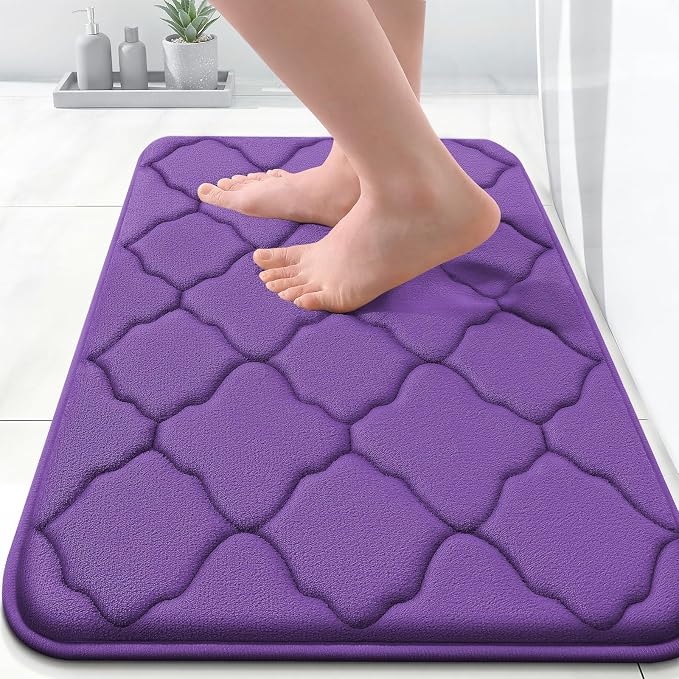 OLANLY Memory Foam Bath Mat Rug 24x16, Ultra Soft and Absorbent Bathroom Rugs, Non-Slip, Comfortable, Machine Washable Bath Carpet for Bathroom Floor, Tub, Shower and Home Decor Accessories, Purple