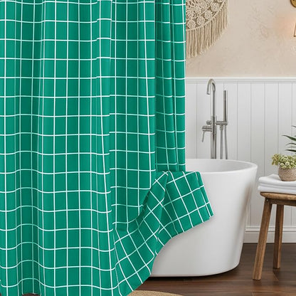 Fabric Shower Curtains for Bathroom-Cloth Modern Farmhouse Shower Curtain | 70"Wx72"L Turquoise Faux Linen Grid Minimalist Simple Rustic Neutral Guest Bathroom-Geometric Plaid Washable Hotel Quality