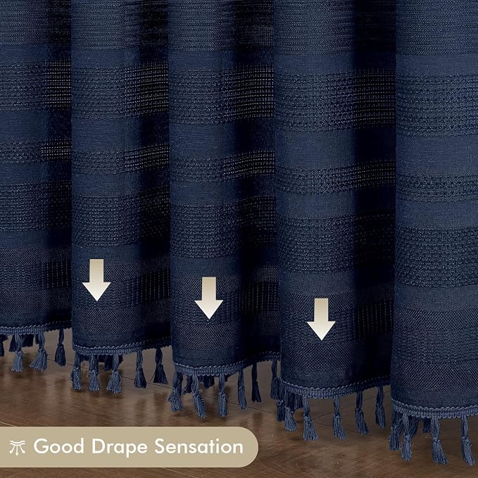 Navy Blue Shower Curtain 78 Inch Long, Boho Farmhouse Thick Linen Textured Fabric Shower Curtain with Tassel, Minimalist Striped Weighted Machine Washable Bathroom Decor, 72Wx78L Inches