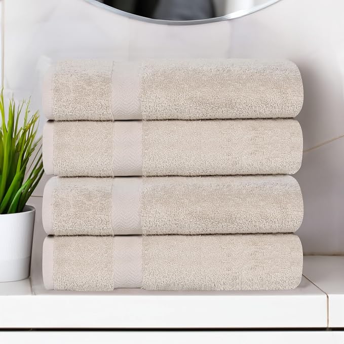 SUPERIOR 4-Piece Cotton Bath Towel Set, Towels for Adults, Kids, Fast Drying Body Towels, Shower, Bath, Pool, Guest/Master Bathroom Essentials, Dorm, Home, Apartment, Franklin Collection, Stone
