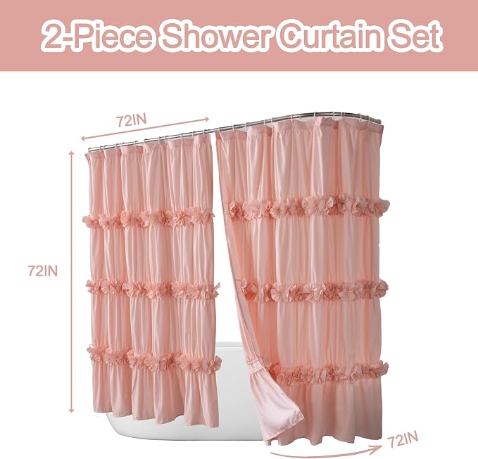 Homechoice Decor 2-Piece Peach Shower Curtain, 72" W x 72" H x 2 Panels | Soft Fabric Double Panels for Easy Access, Cozy Brushed Texture, Ruffle Design, Everyday Bathroom Décor (LQ-44)