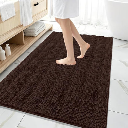 OLANLY Thick Large Bathroom Rugs 59x35, Soft Chenille Bath Rugs, Brown | Absorbent Striped, Rubber Backing, Machine Wash Dry, Bath Mats for Bathroom Floor, Tub and Shower, Home Decor Accessories