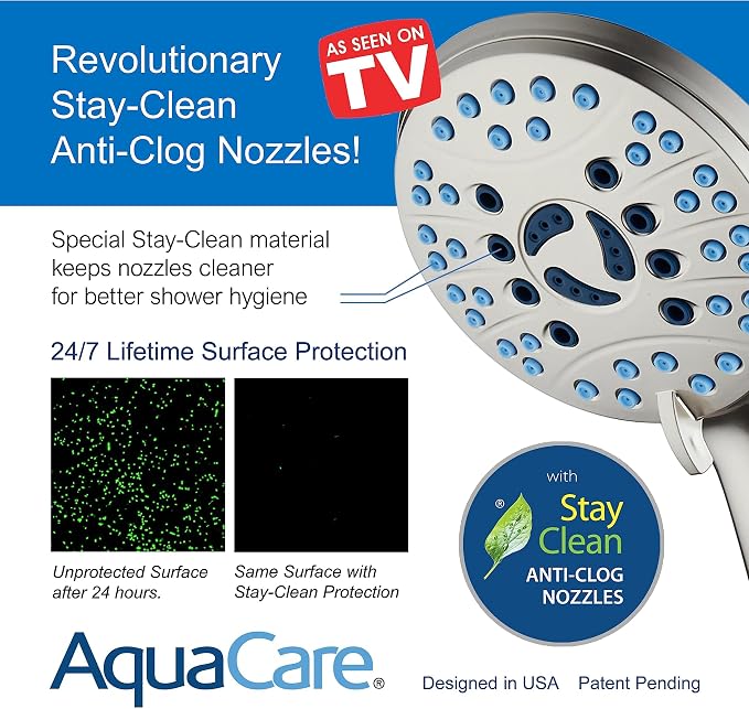 AquaCare 50-mode High Pressure Shower Head Combo with Arm & Dual Power Wash | Hygienic Jets, 2-mode Handheld Power Wash for Tub, Tile & Pets, Long 6 ft. Stainless Steel Hose, Extra Wall Bracket / Nickel