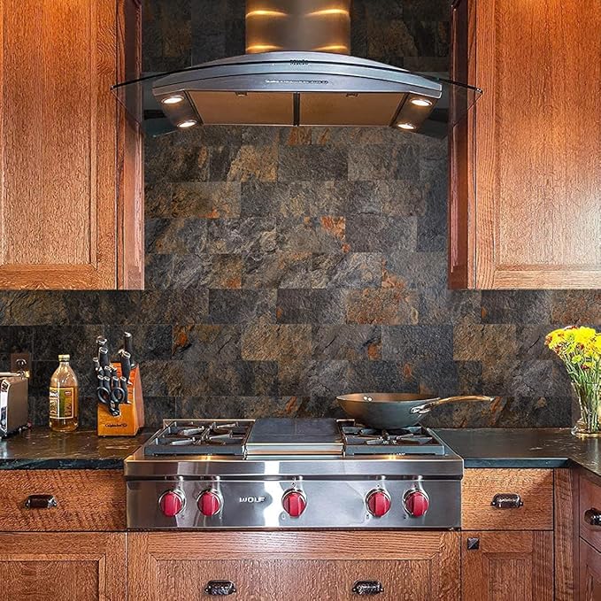 AULIGET 4 Pieces Peel and Stick Backsplash Wall Tile, 3" x 6" Rustic Slate PVC Stone Stick on Tiles