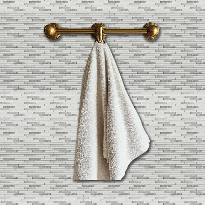 36 Pcs Tile Stickers White-Gray Texture Peel and Stick Long Strip Wall Tile Stickers Waterproof Self Adhesive Stick on Tiles Decals for Kitchen Bathroom Wall Art Decor, 4×4 Inch