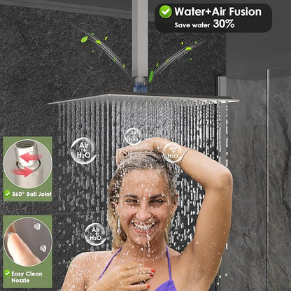 Enga Dual Shower Head Shower System with Body Jets, 12" Ceiling Mounted Rain Shower Head & 6" Wall Mounted Head Full Body Rainfall Shower Faucet with Valve Kit, Brushed Nickel