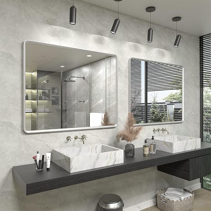48x36 Inch Silver Bathroom Mirror for Wall | Silver Metal Framed Vanity Mirror, Rounded Rectangle Mirror, Shatterproof, Anti-Rust, Silverish Painted (Horizontal/Vertical)