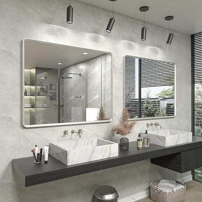 48x36 Inch Silver Bathroom Mirror for Wall | Silver Metal Framed Vanity Mirror, Rounded Rectangle Mirror, Shatterproof, Anti-Rust, Silverish Painted (Horizontal/Vertical)