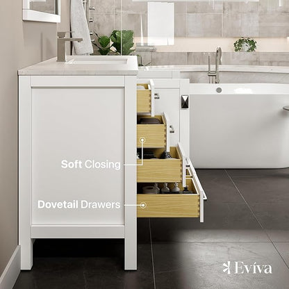 Eviva London 54 Inch Bathroom Vanity with Countertop, White Vanity Bathroom Sink Cabinet W/Quartz Countertop Porcelain Single Sink Design for Modern Bathrooms