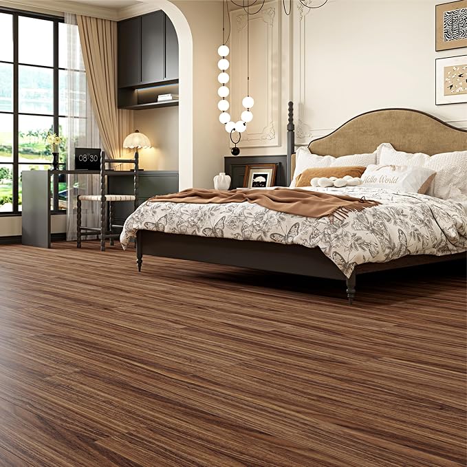 Hilarious Peel and Stick Vinyl Floor Tiles, Rustic Walnut Wood 36 PCS 54 Sq.Ft Waterproof Floor Stickers Self Adhesive Vinyl Flooring Stick on Floor Tiles Vinyl Plank Bathroom, Kitchen, Living Room RV