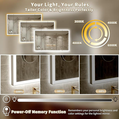 60x36 Trifold Bathroom Mirror with Lights, Removable Magnifier, 180° Foldable LED Vanity Mirror, Front & Backlit, Wall Mounted, Anti-Fog, Stepless Dimming & 3 Color Temperature Changing