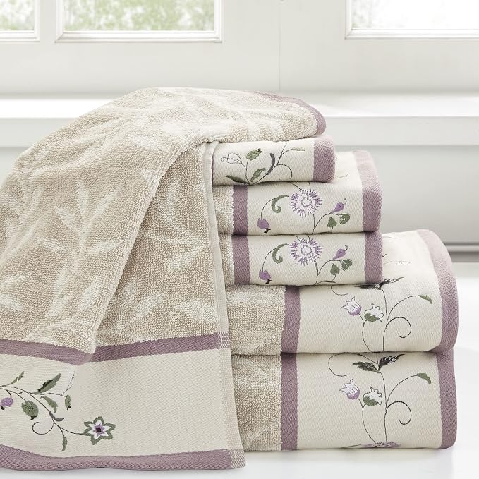 Madison Park Serene 100% Cotton Bath Towel Set Luxurious Floral Decorative Towels for Bathroom Embroidered Cotton Jacquard Design Soft Highly Absorbent for Shower 600 GSM, Multi-Sizes, Purple 6 Piece | Luxurious Floral Decorative Towels for Bathroom, E...