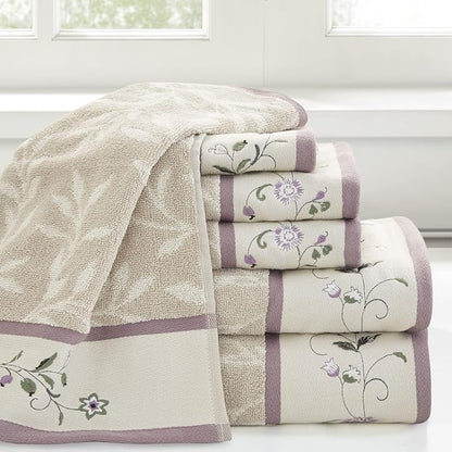 Madison Park Serene 100% Cotton Bath Towel Set Luxurious Floral Decorative Towels for Bathroom Embroidered Cotton Jacquard Design Soft Highly Absorbent for Shower 600 GSM, Multi-Sizes, Purple 6 Piece | Luxurious Floral Decorative Towels for Bathroom, E...