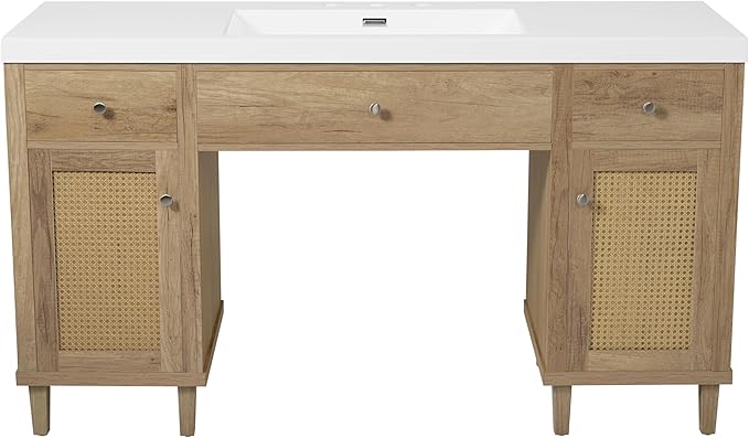 60 Inch Bathroom Vanity with Single Sink & Integrated Countertop,Large Bathroom Vanity with Rattan Doors,2 Drawers & Storage Cabinets,Gas Spring Tip-Out Tray,Soft Closing System,Solid Wood Legs