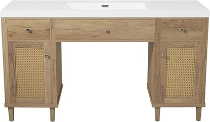 60 Inch Bathroom Vanity with Single Sink & Integrated Countertop,Large Bathroom Vanity with Rattan Doors,2 Drawers & Storage Cabinets,Gas Spring Tip-Out Tray,Soft Closing System,Solid Wood Legs