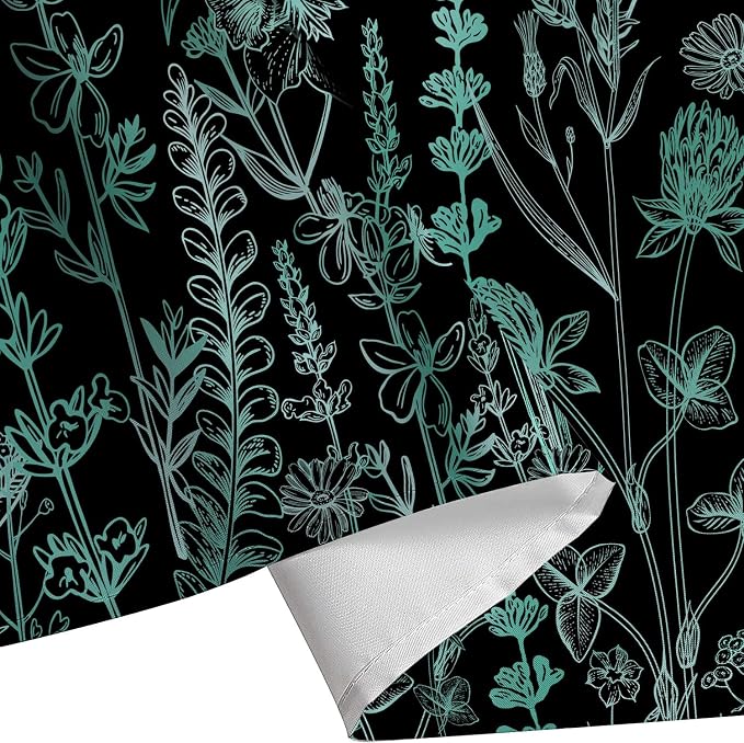 Vintage Black and Teal Boho Shower Curtain, Black Turquoise Floral Aesthetic Dark Wildflower Botanical Flowers Shower Curtain for Bathroom with Hook, Farmhouse Plant Art Chic Shower Curtain 72X72