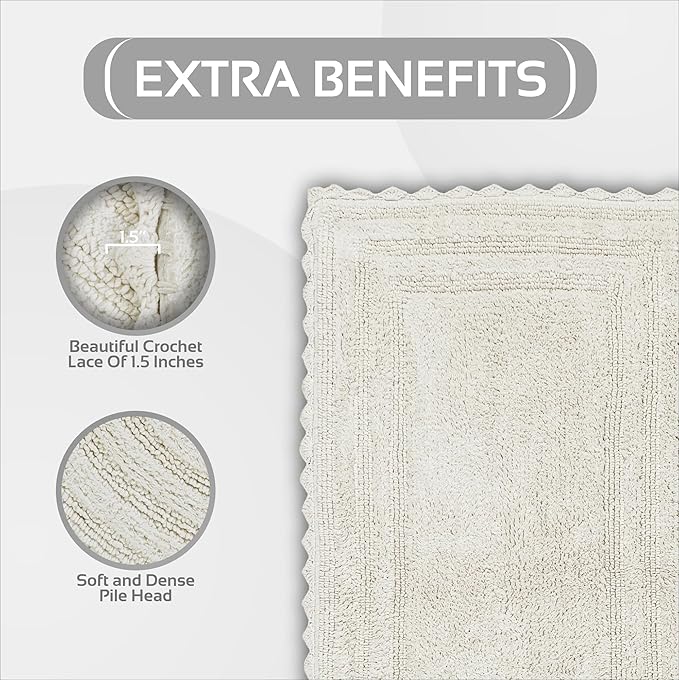 Better Trends 2 Piece Lilly Crochet Rug Set 100% Cotton Soft Luxury Long Bathroom Rug Reversible Absorbent Washable Bath Mat for Bathroom Floor Decor Tub 21”x34”24"x40" Ivory
