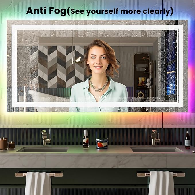 84x32 Inch RGB LED Bathroom Mirror with Lights | Front and RGB Backlit, Dimmable, Memory, Anti Fog, Shatterproof, Horizontal/Vertical, Lighted Mirrors for Bathroom Wall