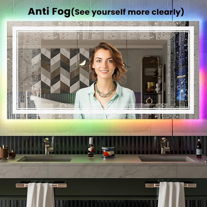 84x32 Inch RGB LED Bathroom Mirror with Lights | Front and RGB Backlit, Dimmable, Memory, Anti Fog, Shatterproof, Horizontal/Vertical, Lighted Mirrors for Bathroom Wall