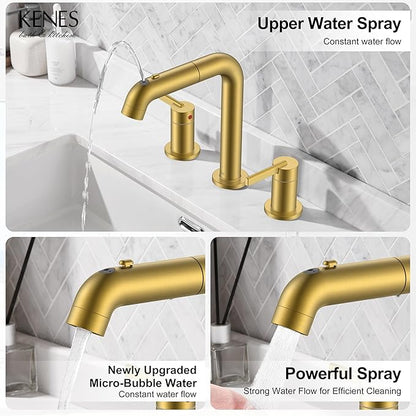 KENES Brushed Gold Pull Down Bathroom Faucet, 8 Inch 2 Handle Widespread Bathroom Faucet 3 Hole with Pull Out Sprayer, Bathroom Sink Faucet with Pop Up Drain & Supply Lines LJ-9058A-4