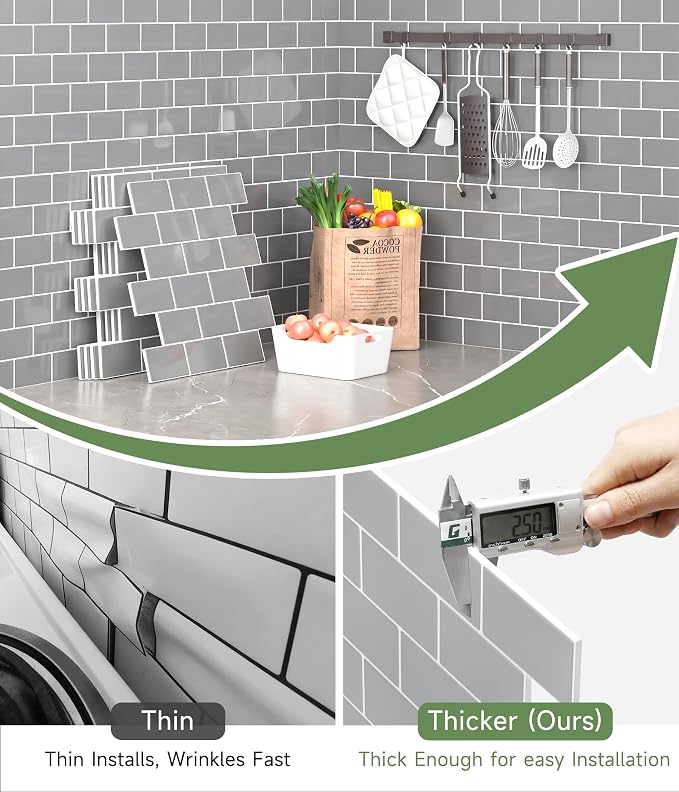 Peel and Stick Backsplash for Kitchen: Self Adhesive Wall Tiles for Bathroom - Vinyl Thick Back Splash Tile (10, Grey)