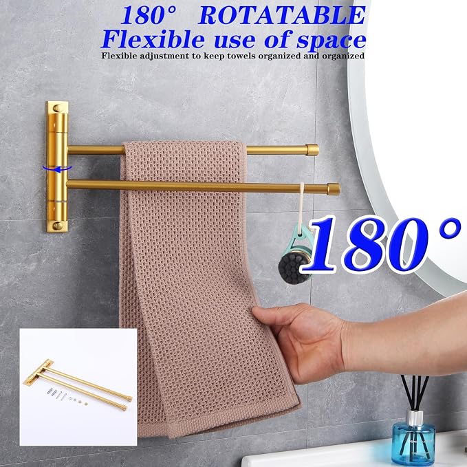 GERZWY Bathroom Swing Arm Towel Bars 2-Arm Wall Mount Stainless Steel Bath Towel Rack Hanger Towel Holder Organizer Gold Finished HYG02-BE