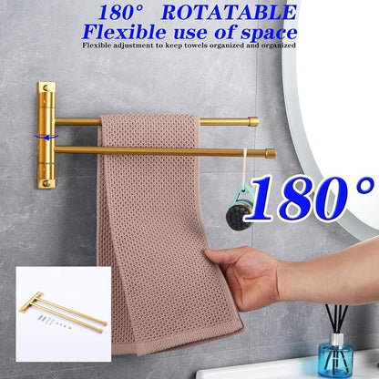 GERZWY Bathroom Swing Arm Towel Bars 2-Arm Wall Mount Stainless Steel Bath Towel Rack Hanger Towel Holder Organizer Gold Finished HYG02-BE