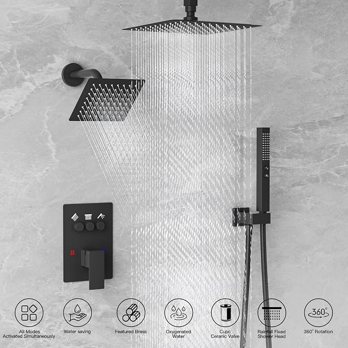 Shower Faucet Set Shower System, Push Button Diverter Shower Faucet | with 2 in 1 Handheld Shower Ceiling Mount 10 Inch Shower Head with 6 Inch Wall Mount Shower Head Double Matte Black