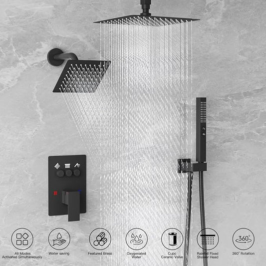 Shower Faucet Set Shower System, Push Button Diverter Shower Faucet | with 2 in 1 Handheld Shower Ceiling Mount 10 Inch Shower Head with 6 Inch Wall Mount Shower Head Double Matte Black