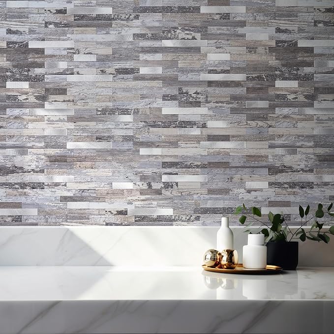 StyloVue 2 Sheets Peel and Stick Backsplash, Distressed Wood with Metal Silver Self Adhesive Wall Tiles Upgrade Your Kitchen Backsplash, RV, Fireplace