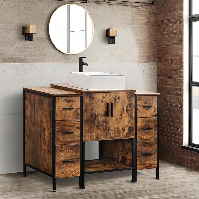 UEV 48" Rustic Brown Bathroom Vanity with Sink Combo,Industrial Iron Frame Bathroom Cabinet Sets with Double 3 Drawers Side Cabinet,Modern Artistic Ceramic Vessel Sink(031WH)