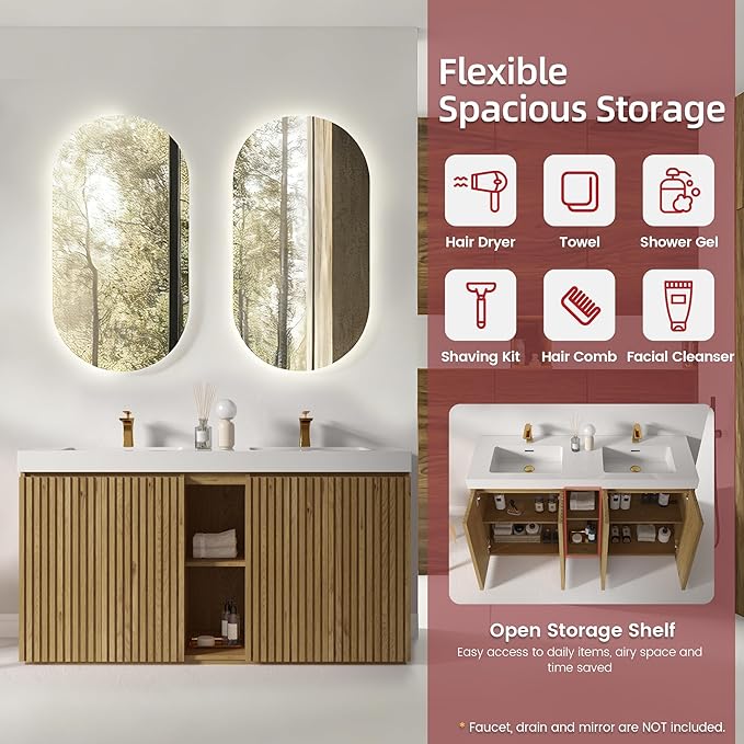 60" Bathroom Vanity with Double Sink, Freestanding Double Sink Bathroom Vanity with White Engineered Stone Top, Open Storage Cabinet & Adjustable Shelf, 4 Soft-Closing Doors, Light Oak
