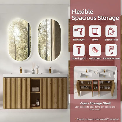 60" Bathroom Vanity with Double Sink, Freestanding Double Sink Bathroom Vanity with White Engineered Stone Top, Open Storage Cabinet & Adjustable Shelf, 4 Soft-Closing Doors, Light Oak