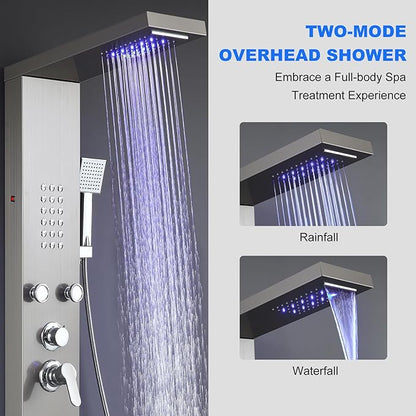 POPFLY Shower Panel, LED Rainfall & Waterfall Shower Head, 5-in-1 Shower System with Body Massage Jets, Handheld Spray, Tub Spout, Stainless Steel Wall Mounted Shower Tower, Brushed Nickel