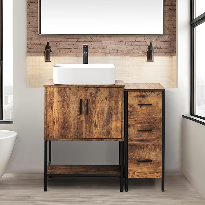 UEV 36" Rustic Brown Bathroom Vanity with Sink Combo,Industrial Iron Frame Bathroom Cabinet Sets with 3 Drawers Side Cabinet,Modern Artistic Ceramic Vessel Sink(031WH)