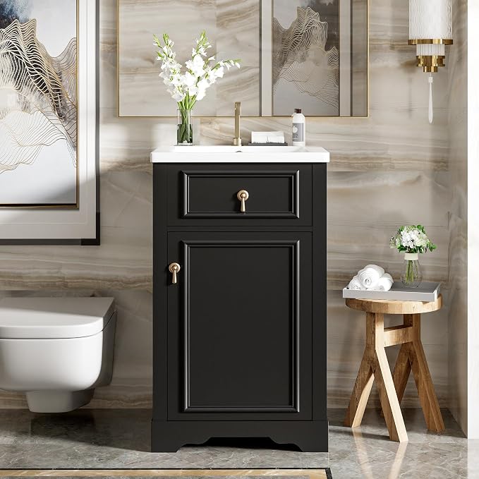 Merax Modern 20'' Bathroom Vanity with Single Sink Combo, Solid Wood Bathroom Storage Cabinet with Soft Close Door & Adjustable Shelf, Freestanding Vanities Set with Door-Mounted Storage Rack, Black