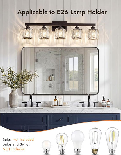 VOLISUN Crystal Vanity Lights for Bathroom, 5 Light Bathroom Vanity Light, Modern Matte Black Bathrooms Light Over Mirror, Black Bathrooms Lights Fixtures-UL Certificated(Exclude Bulb)