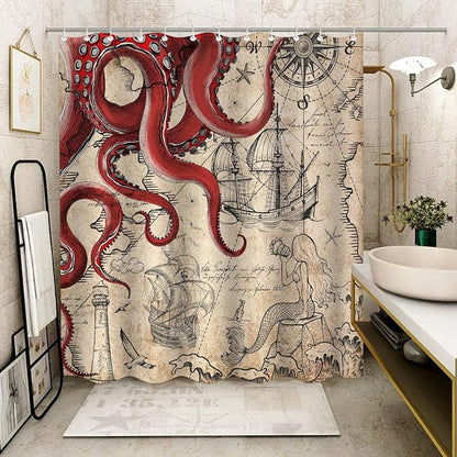 Fungarth 84 Inch Extra Long Vintage Red Nautical Octopus Shower Curtain Mermaid Funny Ocean Kraken Shower Curtains for Bathroom Cool Coastal Map Waterproof Fabric Bath Curtain (Retro1, 72” x 84”)