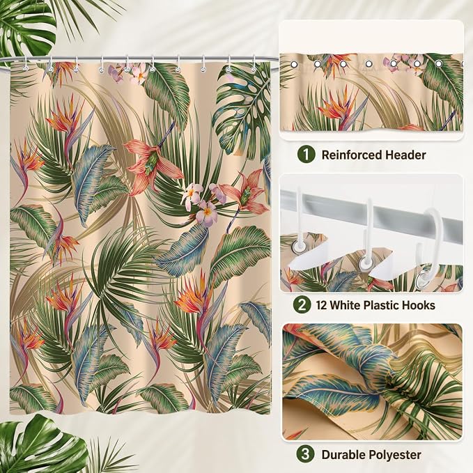 Tropical Shower Curtain, Colourful Leaves Floral Palm Leaf Hawaiian Botanical Plant Bathroom Decor, Waterproof Cloth Fabric Bath Curtain with Hooks 60 x 72 inch
