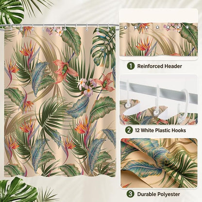 Tropical Shower Curtain, Colourful Leaves Floral Palm Leaf Hawaiian Botanical Plant Bathroom Decor, Waterproof Cloth Fabric Bath Curtain with Hooks 60 x 72 inch