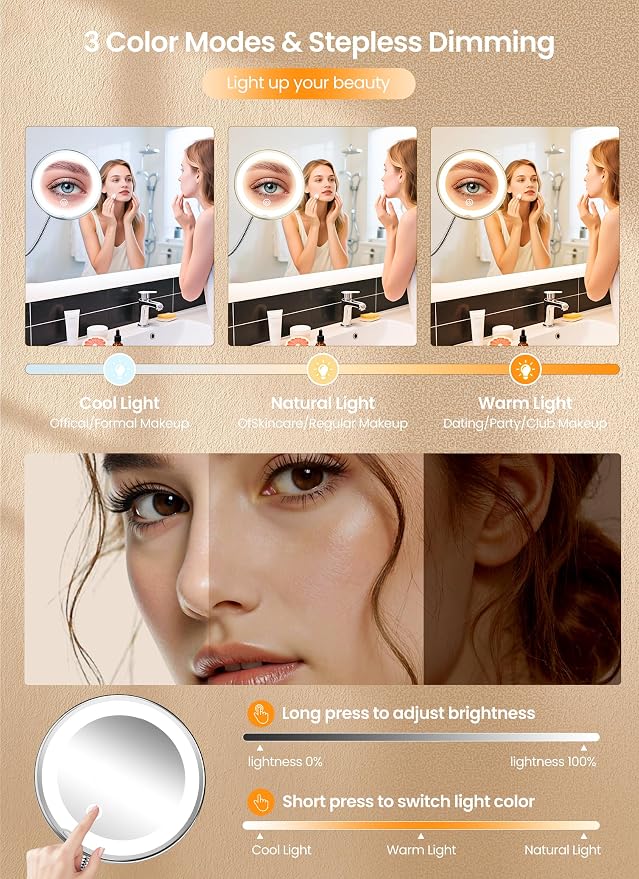 10x Makeup Mirror with Lights, Magnifying Mirror 3 Light Modes Silver | Wall-Mounted Lighted Vanity Makeup Mirror, Cordless Battery Operated LED Mirror with Suction Cups for Shower Bathroom
