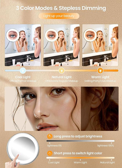 10x Makeup Mirror with Lights, Magnifying Mirror 3 Light Modes Silver | Wall-Mounted Lighted Vanity Makeup Mirror, Cordless Battery Operated LED Mirror with Suction Cups for Shower Bathroom