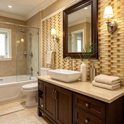 Glass Mosaic Tile Beige Gold for Kitchen Backsplash Bath Wall Decor 5 Sq Ft | Glossy Surface Shine, 3D Arched Interlocking, Indoor Walls, Bathroom Shower, Fireplace Surrounds and Modern Interiors Spaces