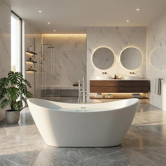 Freestanding Bathtub 59 Inch Modern Acrylic Free Standing Tub 59 Inch, Acrylic Stand Alone Tub with Chrome Drain & Overflow, Freestanding Tub for Home Spa Relaxation