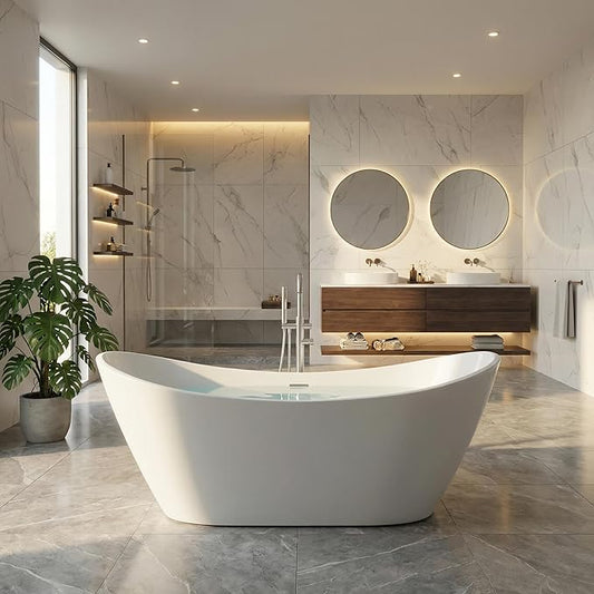 Freestanding Bathtub 59 Inch Modern Acrylic Free Standing Tub 59 Inch, Acrylic Stand Alone Tub with Chrome Drain & Overflow, Freestanding Tub for Home Spa Relaxation