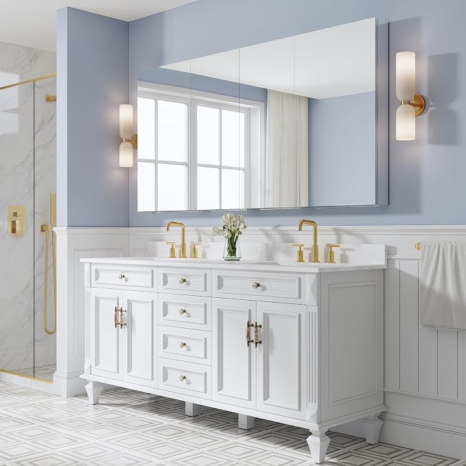 72" x 36" Bathroom Medicine Cabinet with Mirror, Anodized Chrome Aluminum Frame, Surface Mount or Recessed Medicine Cabinet with Mirror, Bathroom Mirror with Storage, Four Doors