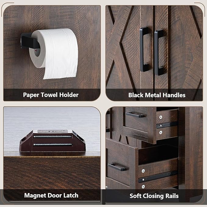 AMERLIFE 60” Farmhouse Bathroom Vanity with Double Sink, Freestanding Cabinet with 2 Drawers, 4 Barn Doors & Open Shelf, Rustic Storage for Master or Family Bathroom, Rustic Brown