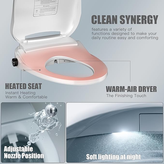 Electric Bidet Toilet Seat Heated Elongated, Smart Bidet Toilet Seat Instant Warm Water & Dryer,Adjustable Water Pressure,Self-Clean Nozzle,Night Light,Slow Close,For Men Women & Child